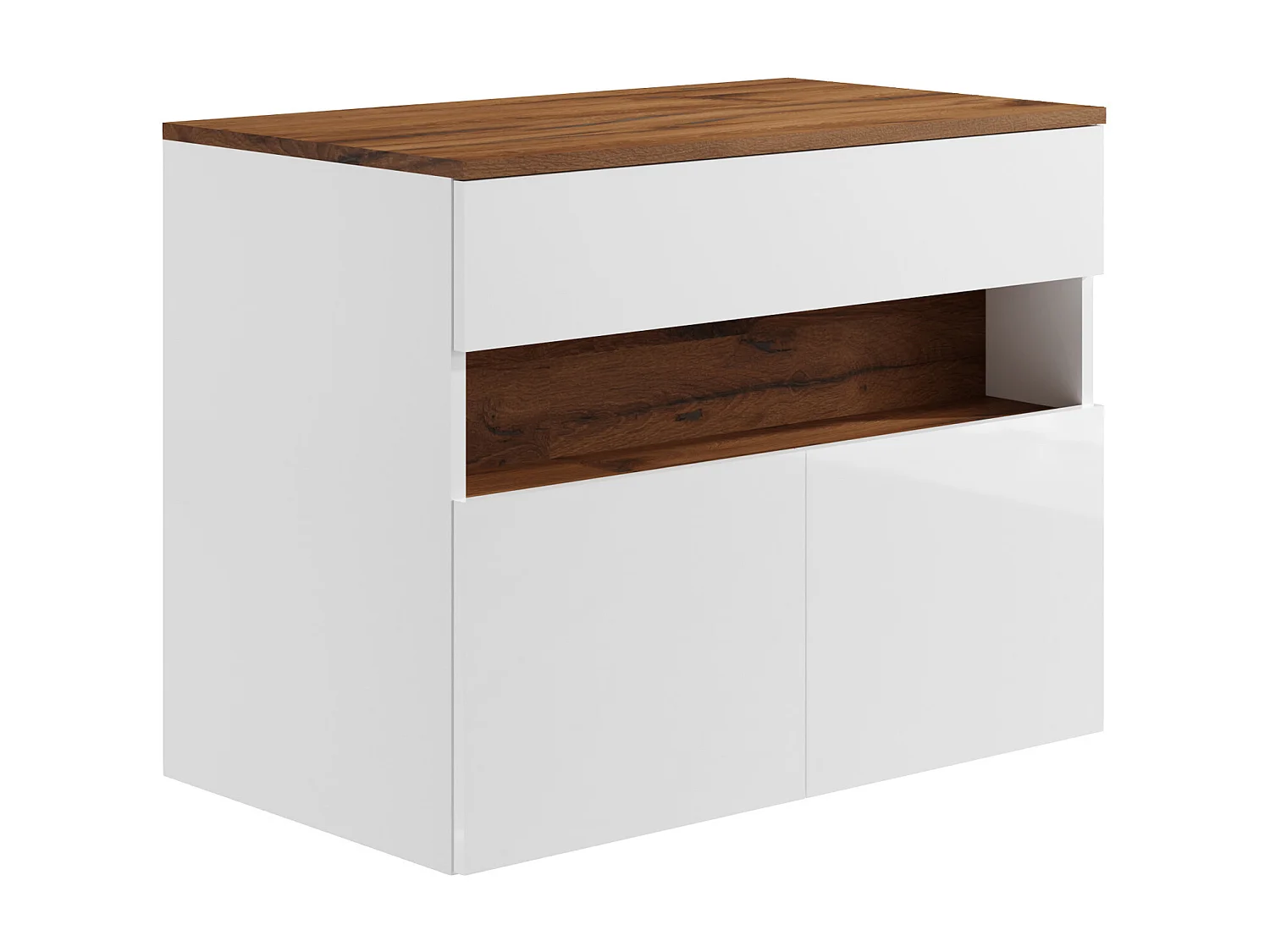 Meuble sous vasque suspendu à LEDs avec planche - Blanc et naturel foncé - L80 cm - POZEGA