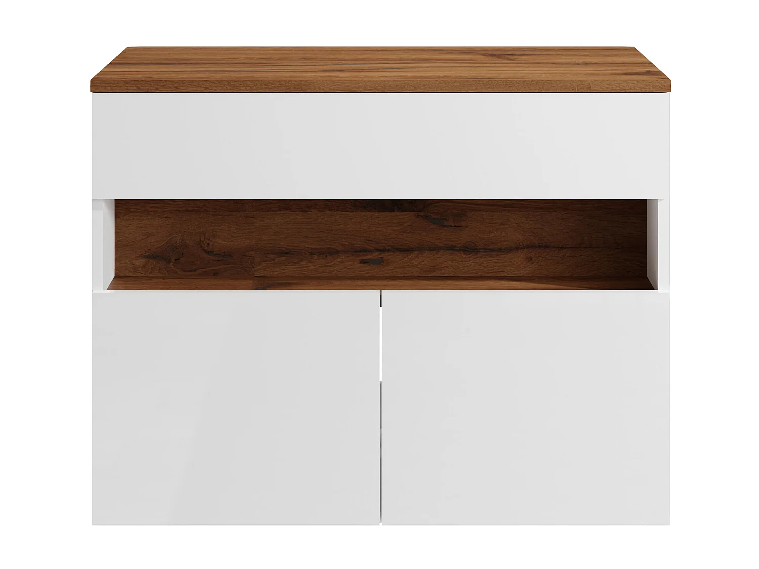 Meuble sous vasque suspendu à LEDs avec planche - Blanc et naturel foncé - L80 cm - POZEGA