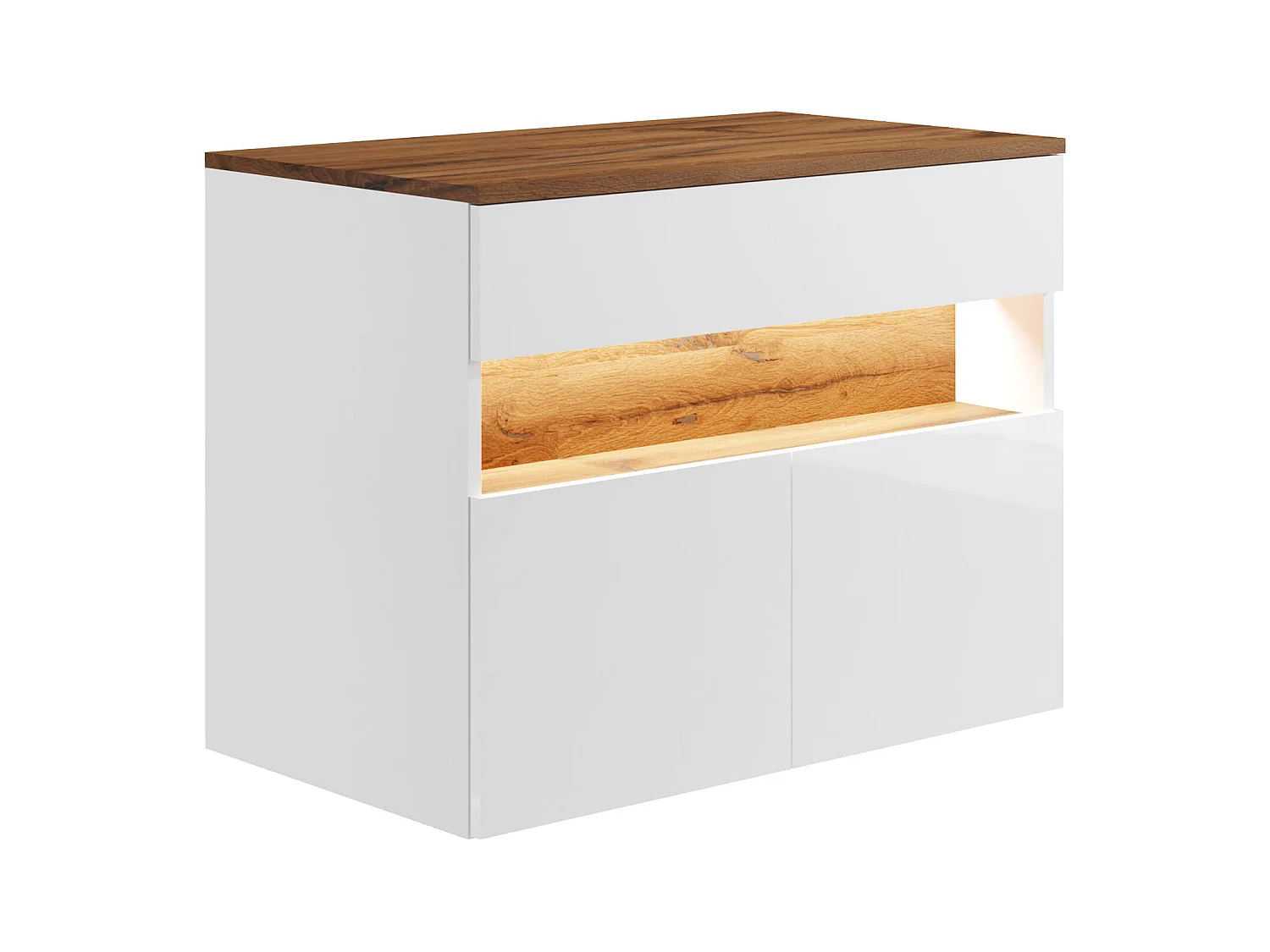 Mueble flotante de baño y LEDs con encimera - Blanco y oscuro natural - Ancho 80 cm - POZEGA