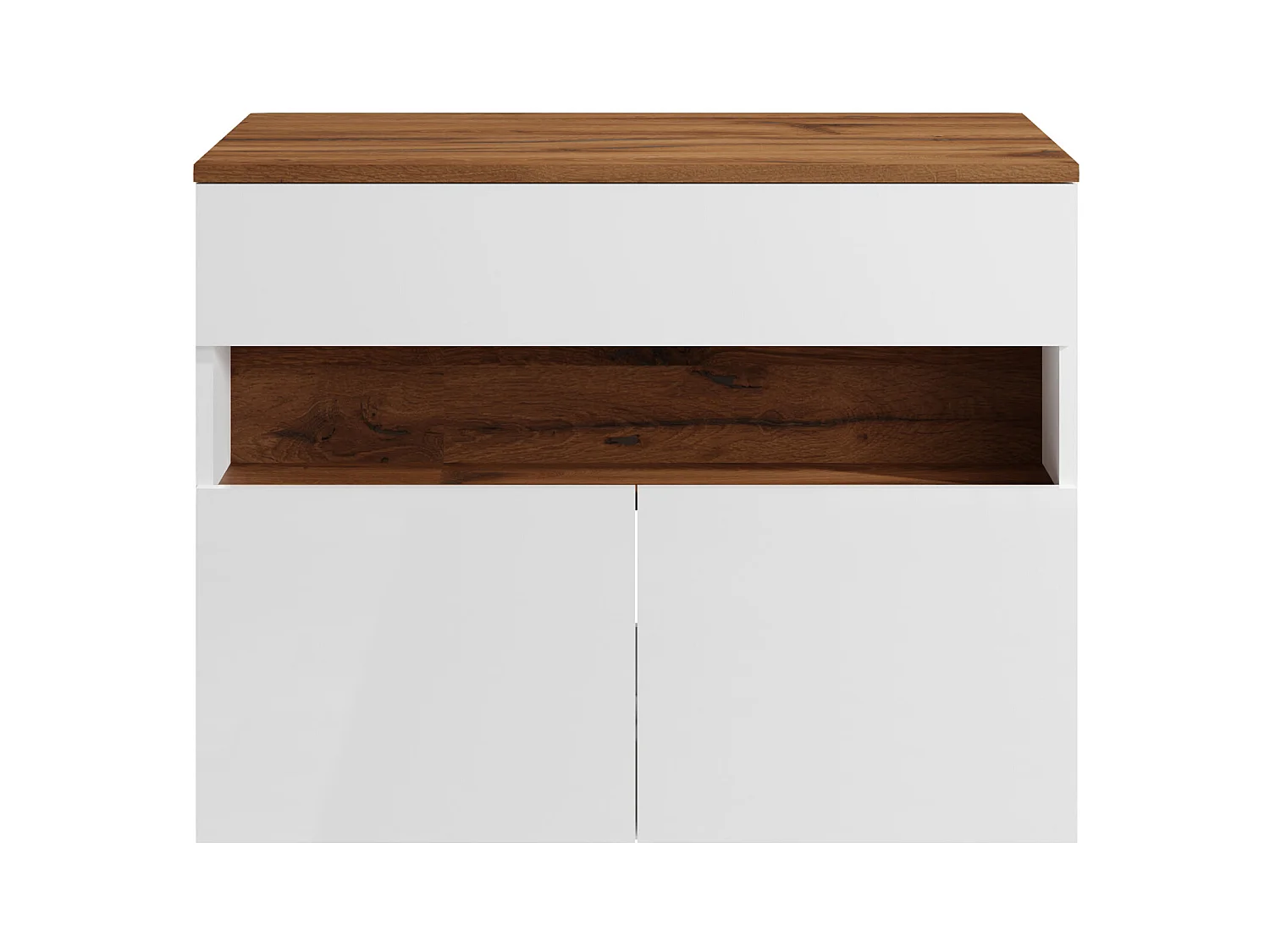 Mueble flotante de baño y LEDs con encimera - Blanco y oscuro natural - Ancho 80 cm - POZEGA