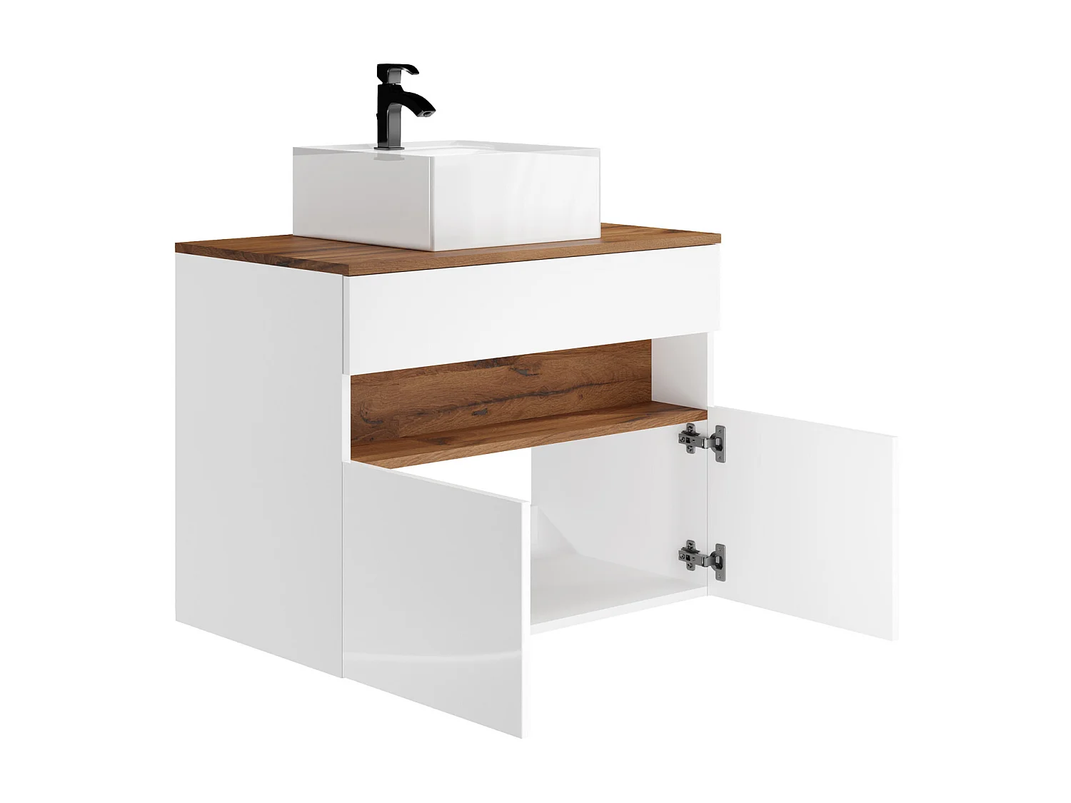 Móvel de casa de banho suspenso com LEDs e lavatório de pousar, branco e natural escuro C80 cm - POZEGA