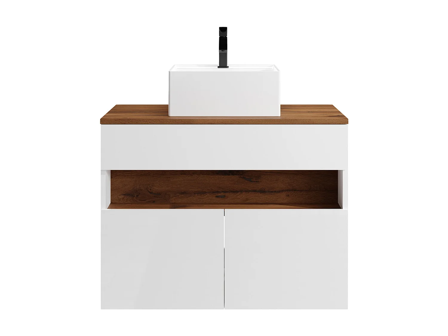 Móvel de casa de banho suspenso com LEDs e lavatório de pousar, branco e natural escuro C80 cm - POZEGA