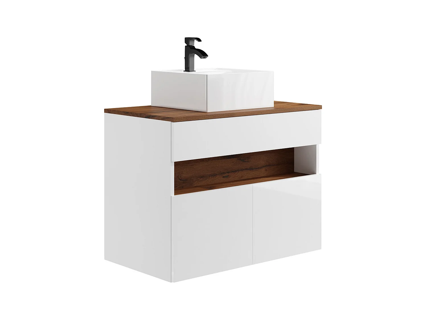 Mueble de baño flotante con luces LED y lavabo sobre encimera - Blanco y natural oscuro - Ancho 80 cm - POZEGA