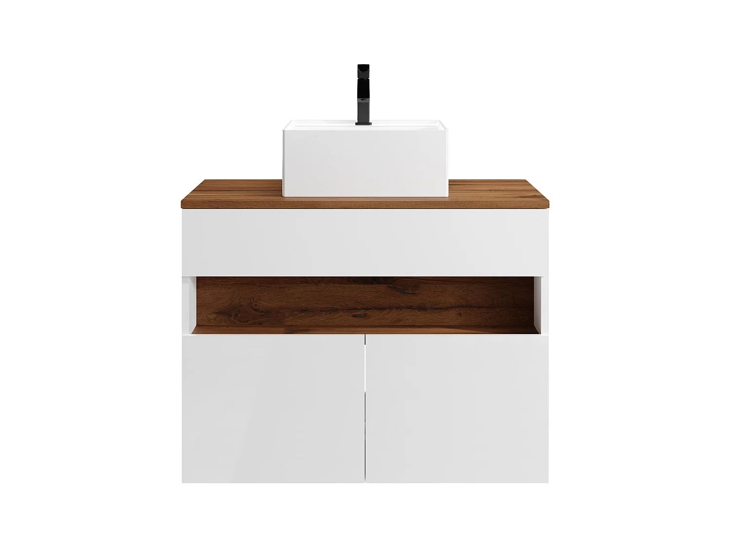 Mueble de baño flotante con luces LED y lavabo sobre encimera - Blanco y natural oscuro - Ancho 80 cm - POZEGA