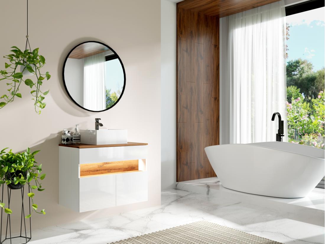 vente unique Meuble de salle de bain suspendu à LEDs avec vasque à poser - Blanc et naturel foncé - L80 cm - POZEGA