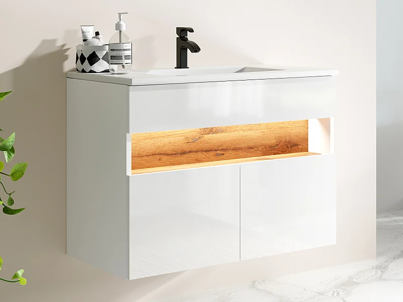 Meuble de salle de bain suspendu à LEDs avec vasque à encastrer - Blanc et naturel foncé - L80 cm - POZEGA
