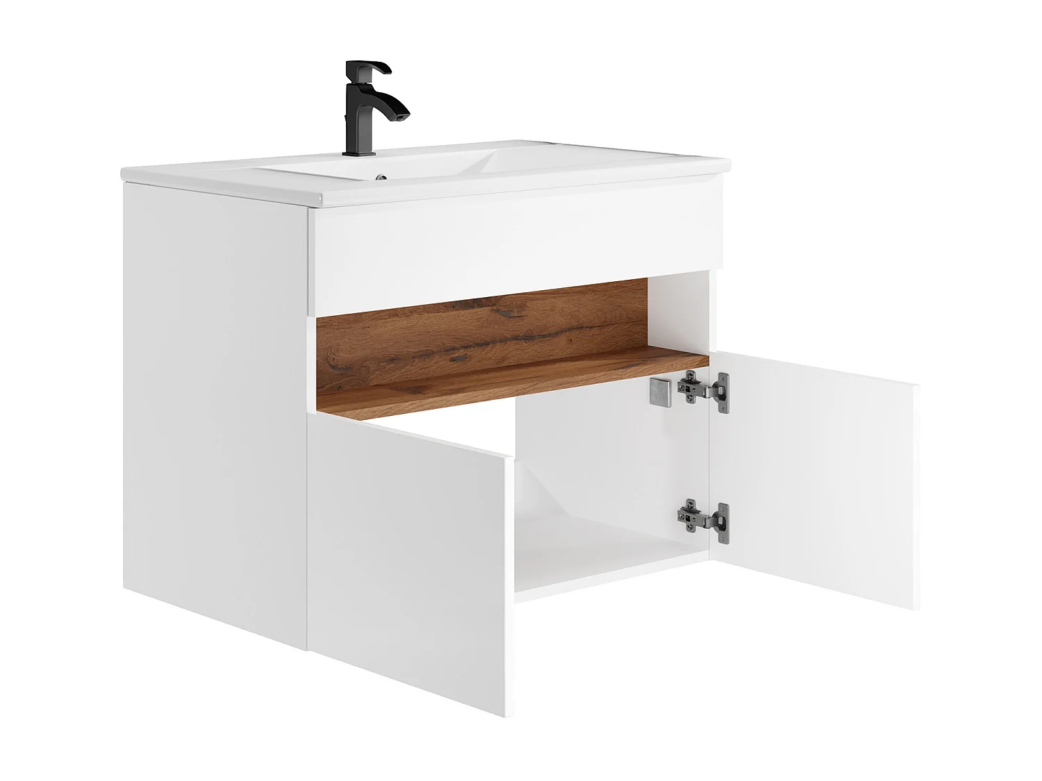 Meuble de salle de bain suspendu à LEDs avec vasque à encastrer - Blanc et naturel foncé - L80 cm - POZEGA