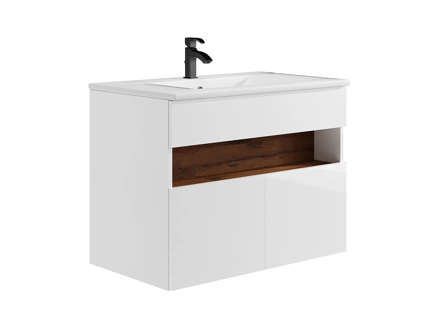Mueble de baño flotante con LEDs y lavabo empotrado - Blanco y natural oscuro - Ancho 80 cm - POZEGA