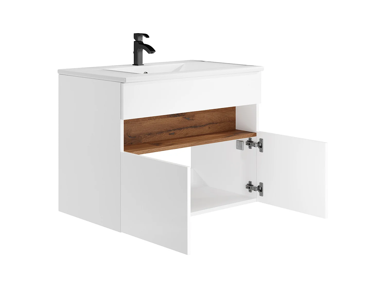 Mueble de baño flotante con LEDs y lavabo empotrado - Blanco y natural oscuro - Ancho 80 cm - POZEGA