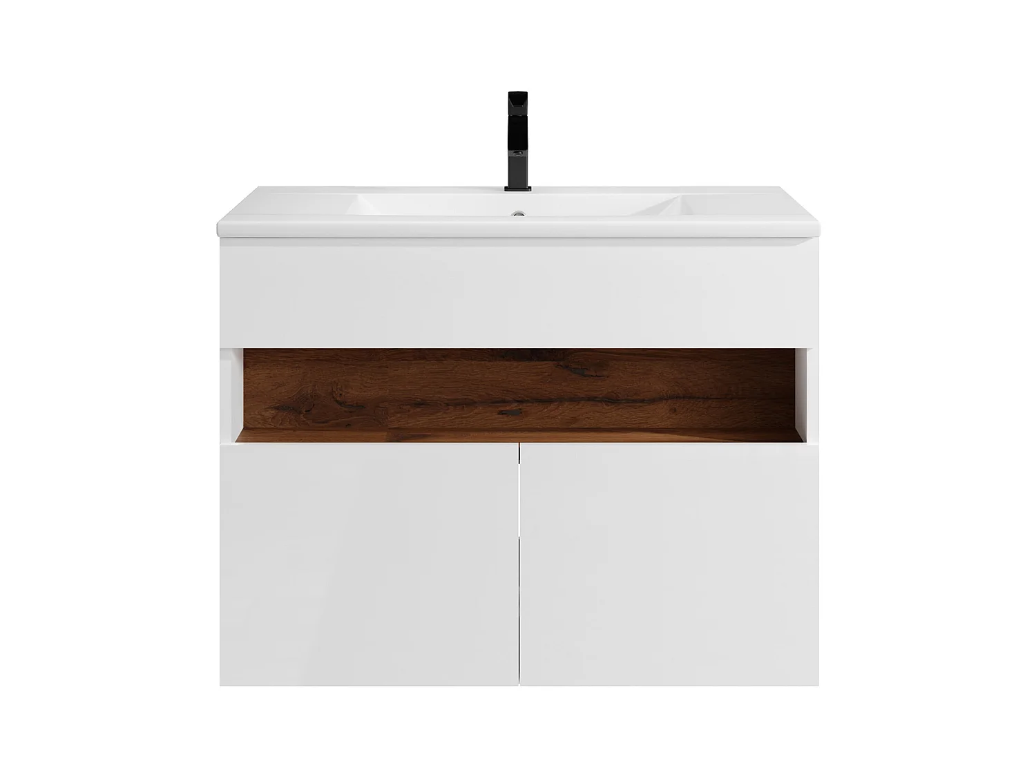 Mueble de baño flotante con LEDs y lavabo empotrado - Blanco y natural oscuro - Ancho 80 cm - POZEGA