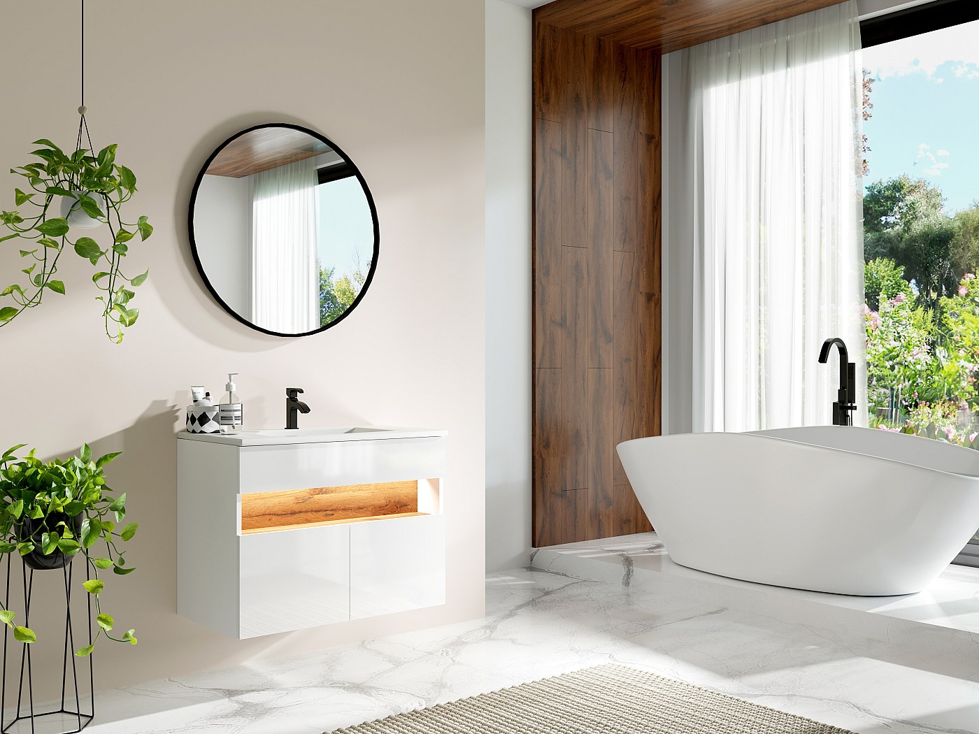 Meuble de salle de bain à LEDs, vasque à encastrer, blanc et naturel