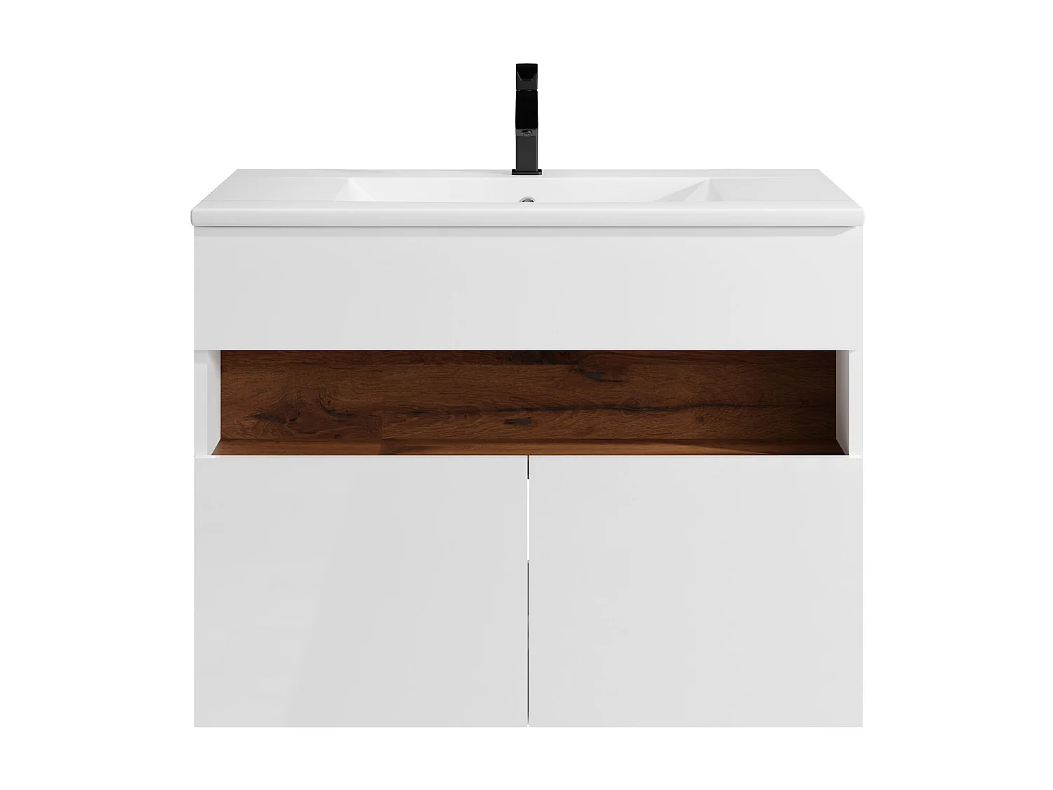 Zwevend badkamermeubel met ledverlichting en inbouwwastafel - Wit en donkere houtlook - L80 cm - POZEGA