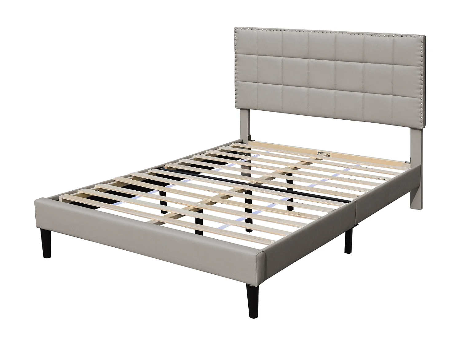 Lit riley pour matelas 140x200-Sommier+Tête de Lit Capitonnee Couleur GRIS+Pieds en 16cm pour matelas-2x13Lattes
