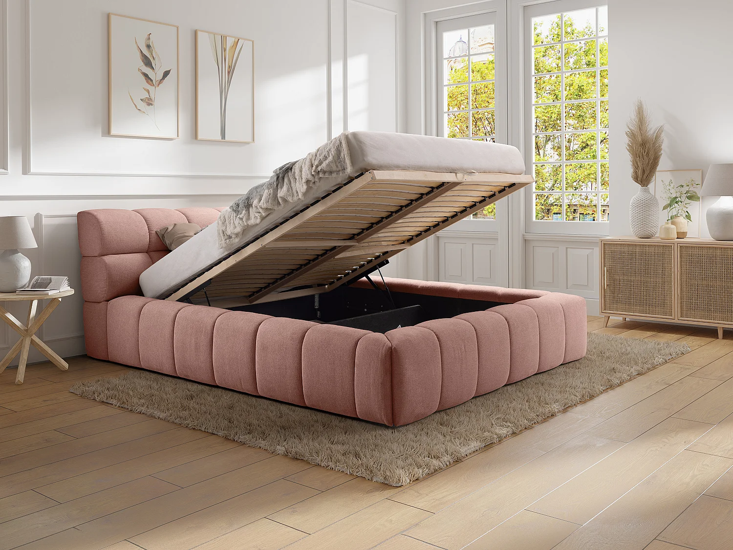 Bed met opbergruimte 180 x 200 cm - Stof - Roze - FORVIK van Pascal Morabito
