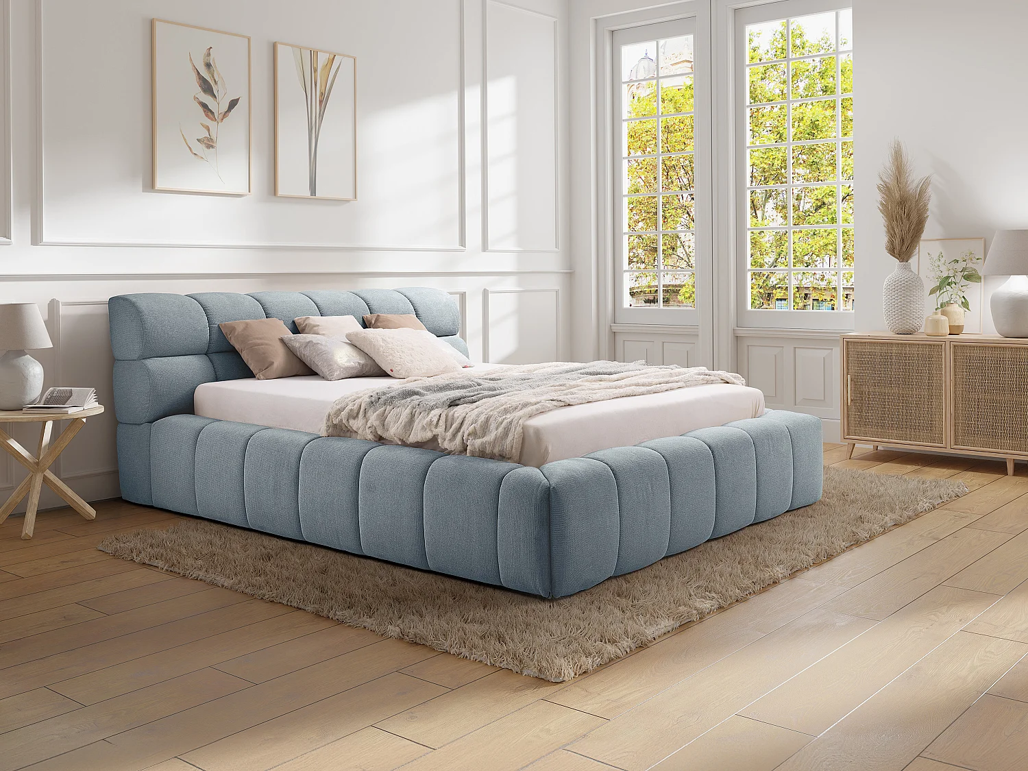 Lit coffre 160 x 200 cm - Tissu - Bleu ciel - FORVIK de Pascal Morabito