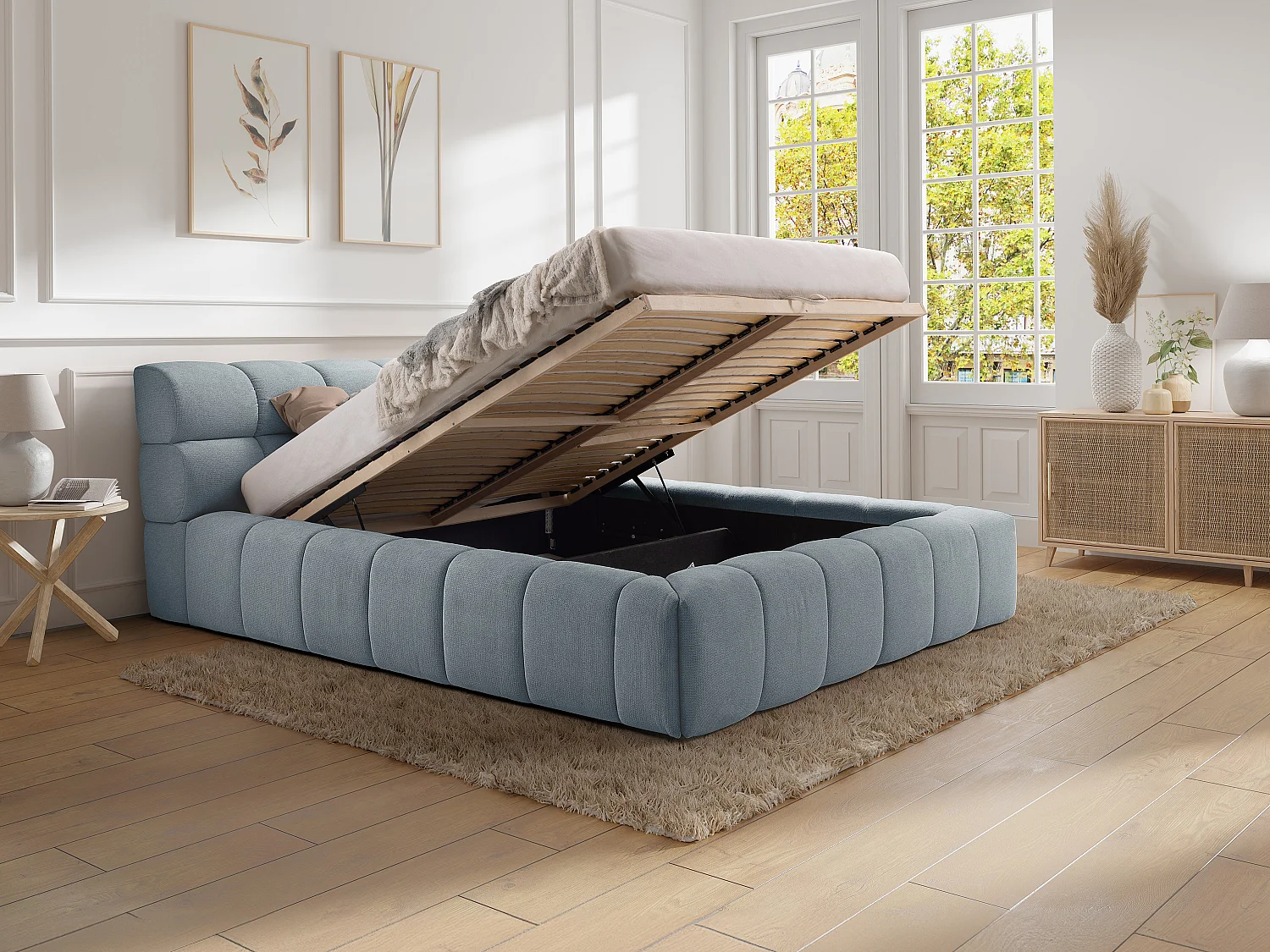 Bett mit Bettkasten - 180 x 200 cm - Stoff - Hellblau - FORVIK von Pascal Morabito