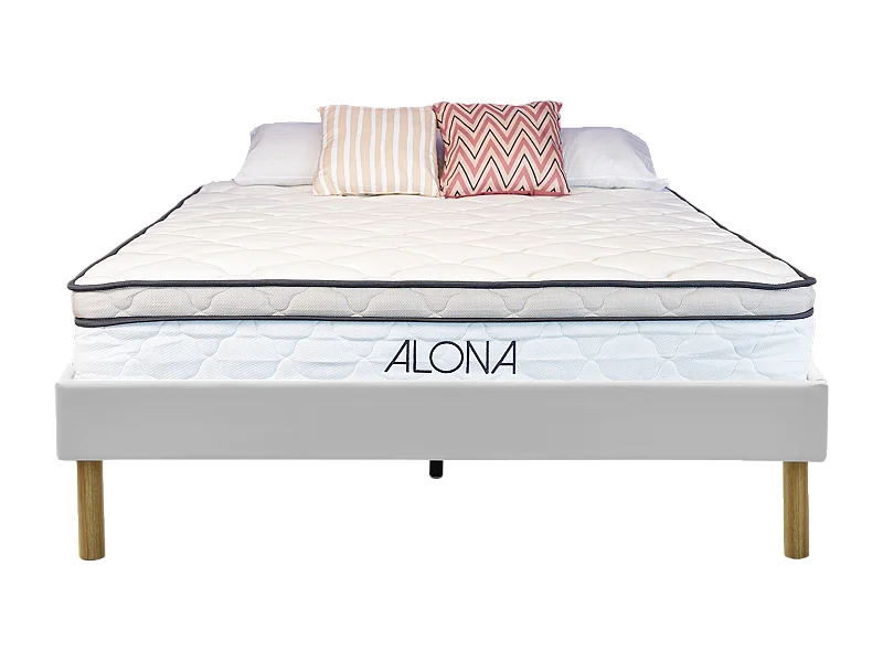 Matelas + sommier blanc Alona a Ressorts + Memoire de Forme 80 Kg/m3 - 80x200 Hauteur +/- 25,5 cm - Accueil Moelleux - Soutien Equilibre - 5 Zones de Confort -