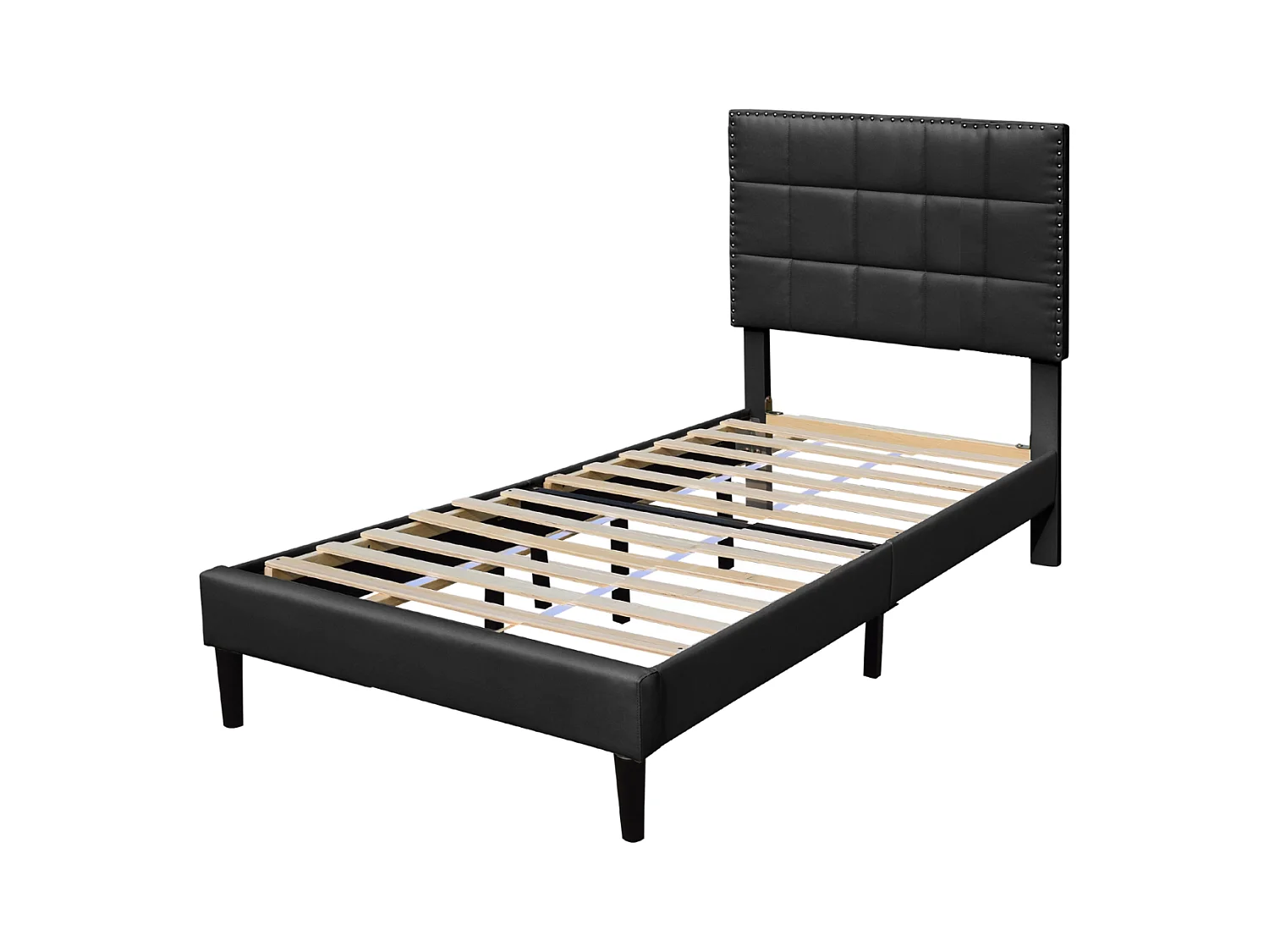 Lit riley pour matelas 90x200-Sommier+Tête de Lit Capitonnee Couleur NOIR+Pieds en 16cm pour matelas-13 Lattes