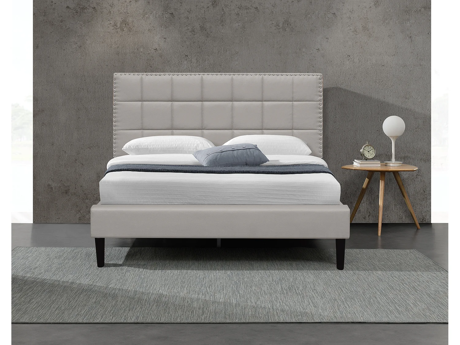 Lit riley pour matelas 90x200-Sommier+Tête de Lit Capitonnee Couleur GRIS+Pieds en 16cm pour matelas-13 Lattes