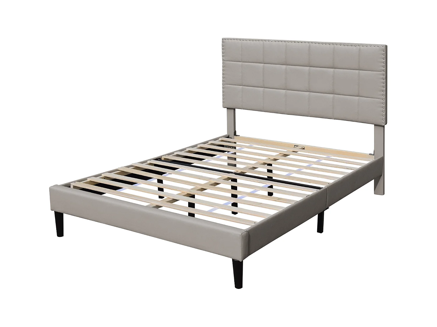 Lit riley pour matelas 140x200-Sommier+Tête de Lit Capitonnee Couleur GRIS+Pieds en 16cm pour matelas-2x13Lattes