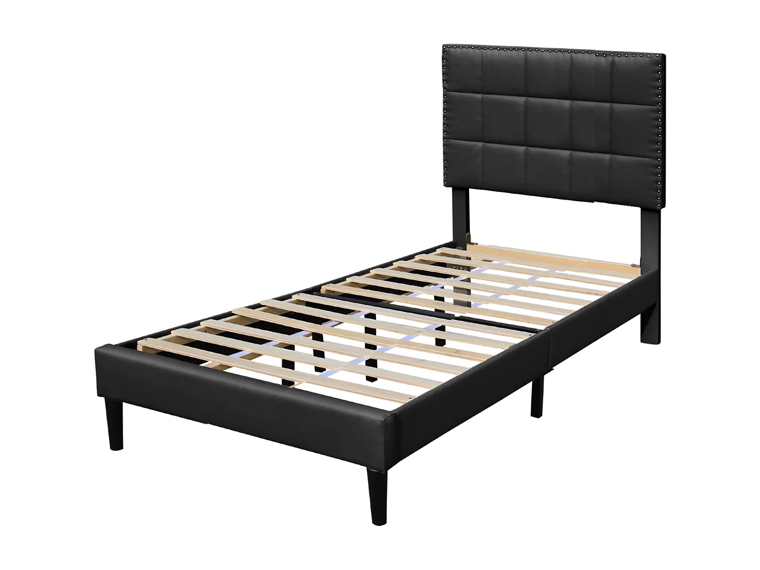 Lit riley pour matelas 90x190-Sommier+Tête de Lit Capitonnee Couleur NOIR+Pieds en 16cm pour matelas-13 Lattes