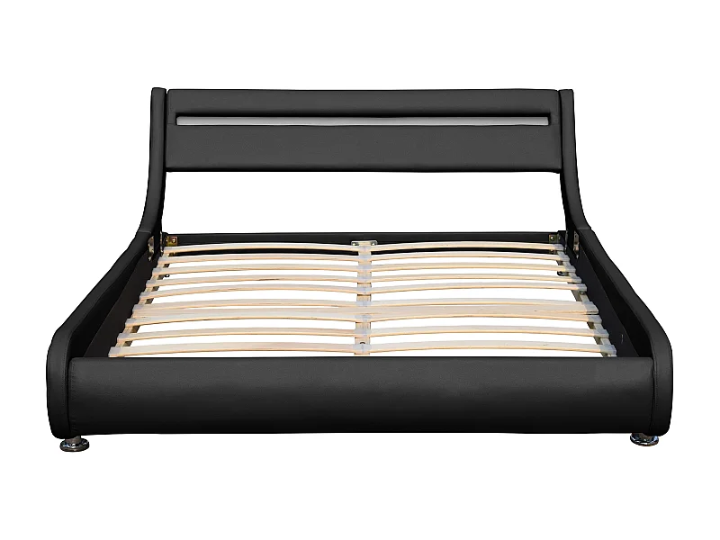 Lit ava pour matelas 140x200-Sommier+Tête de Lit eclairage LED Incurve Couleur NOIR+Pieds en 5cm pour matelas-2x13Lattes