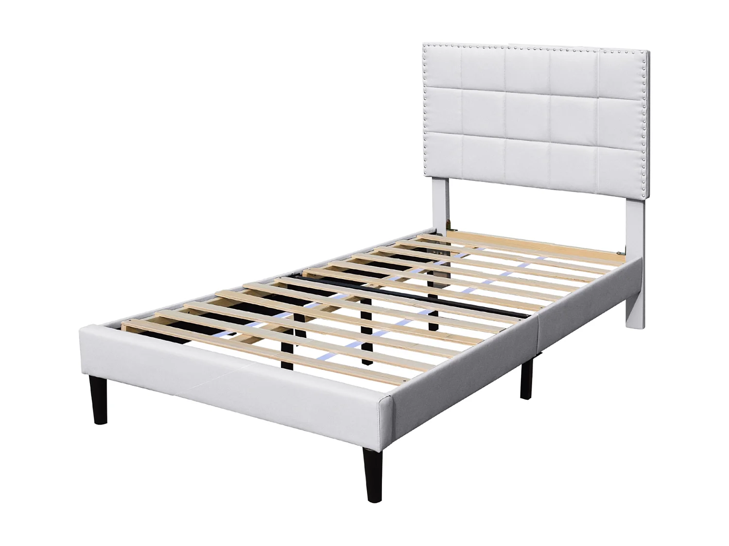 Lit riley pour matelas 90x200-Sommier+Tête de Lit Capitonnee Couleur BLANC+Pieds en 16cm pour matelas-13 Lattes