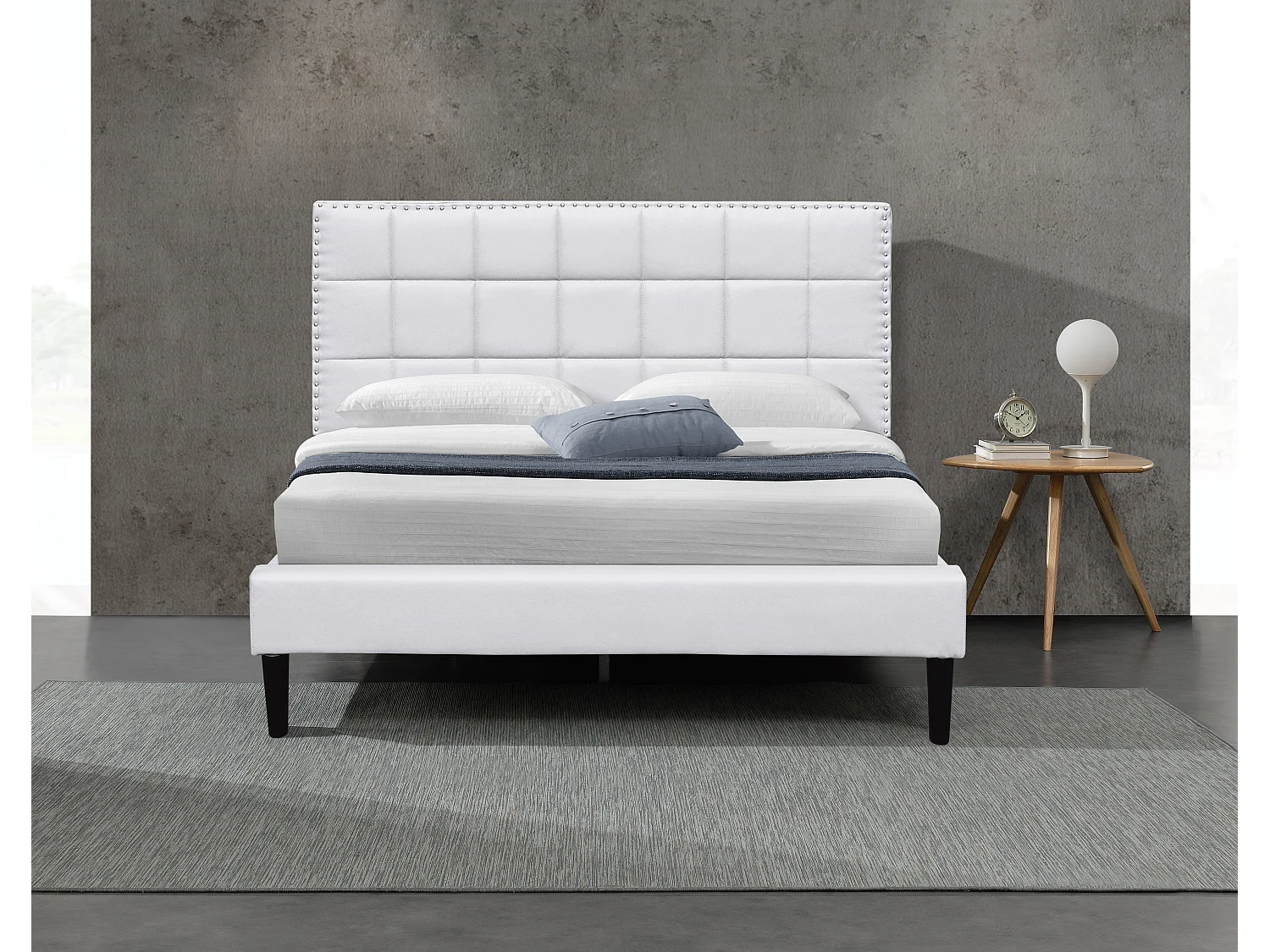 Lit riley pour matelas 90x200-Sommier+Tête de Lit Capitonnee Couleur BLANC+Pieds en 16cm pour matelas-13 Lattes