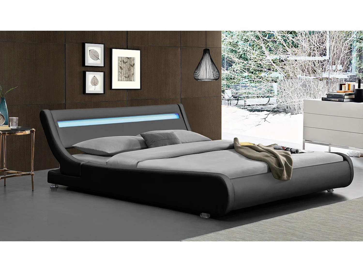 Lit ava pour matelas 140x200-Sommier+Tête de Lit eclairage LED Incurve Couleur NOIR+Pieds en 5cm pour matelas-2x13Lattes