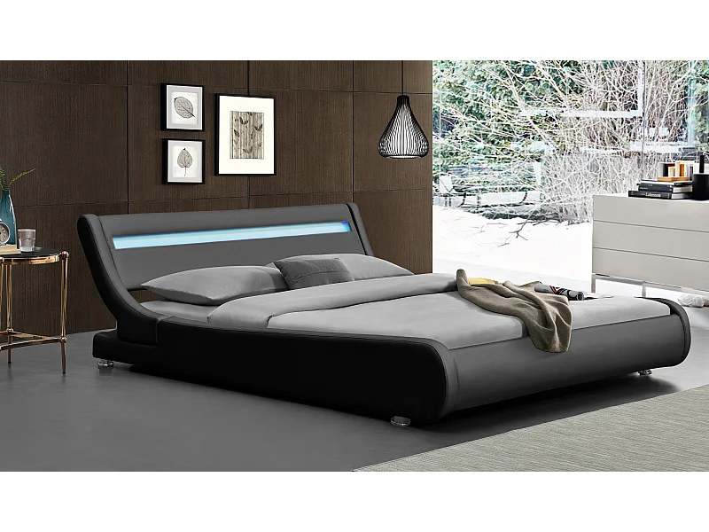 Lit ava pour matelas 140x200-Sommier+Tête de Lit eclairage LED Incurve Couleur NOIR+Pieds en 5cm pour matelas-2x13Lattes