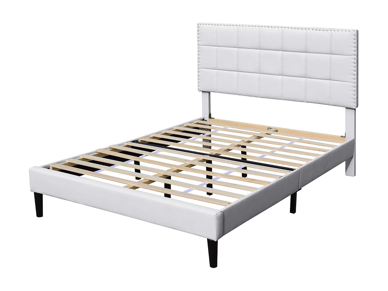 Lit riley pour matelas 140x200-Sommier+Tête de Lit Capitonnee Couleur BLANC+Pieds en 16cm pour matelas-2x13Lattes