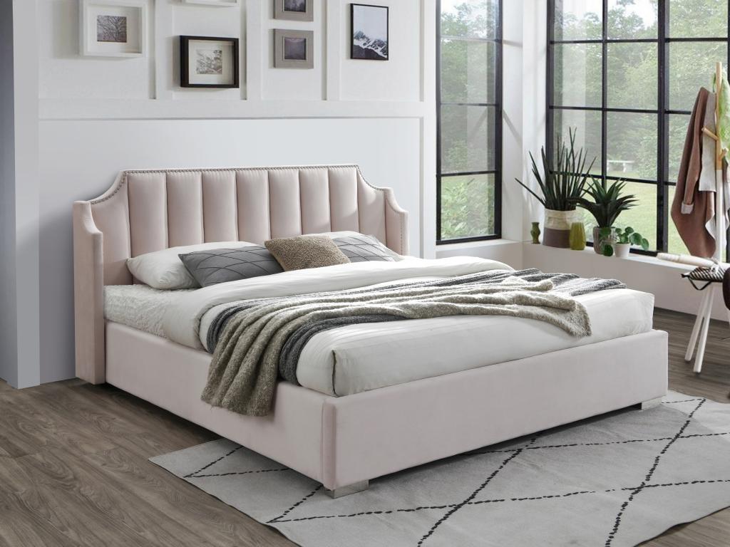 Lit coffre 180 x 200 cm avec tête de lit incurvée - Velours - Rose - TEOMIS