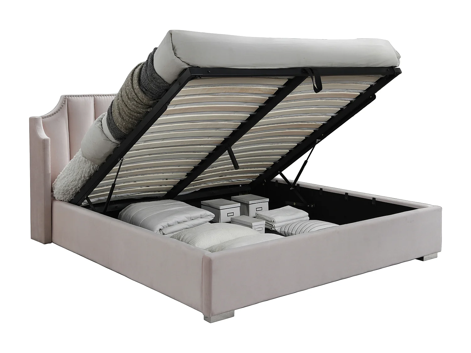 Bed met opbergruimte 180 x 200 cm met gebogen hoofdbord - Fluweel - Roze - TEOMIS