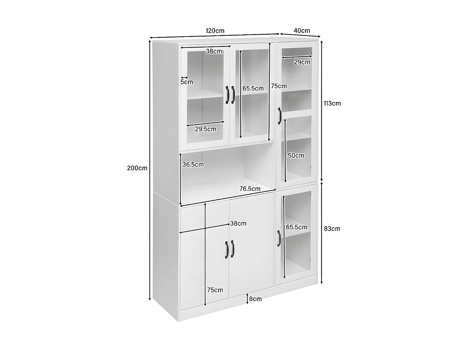 Vitrine mit LED-Beleuchtung – Regale mit 6 Türen – H 200 cm – Weiß