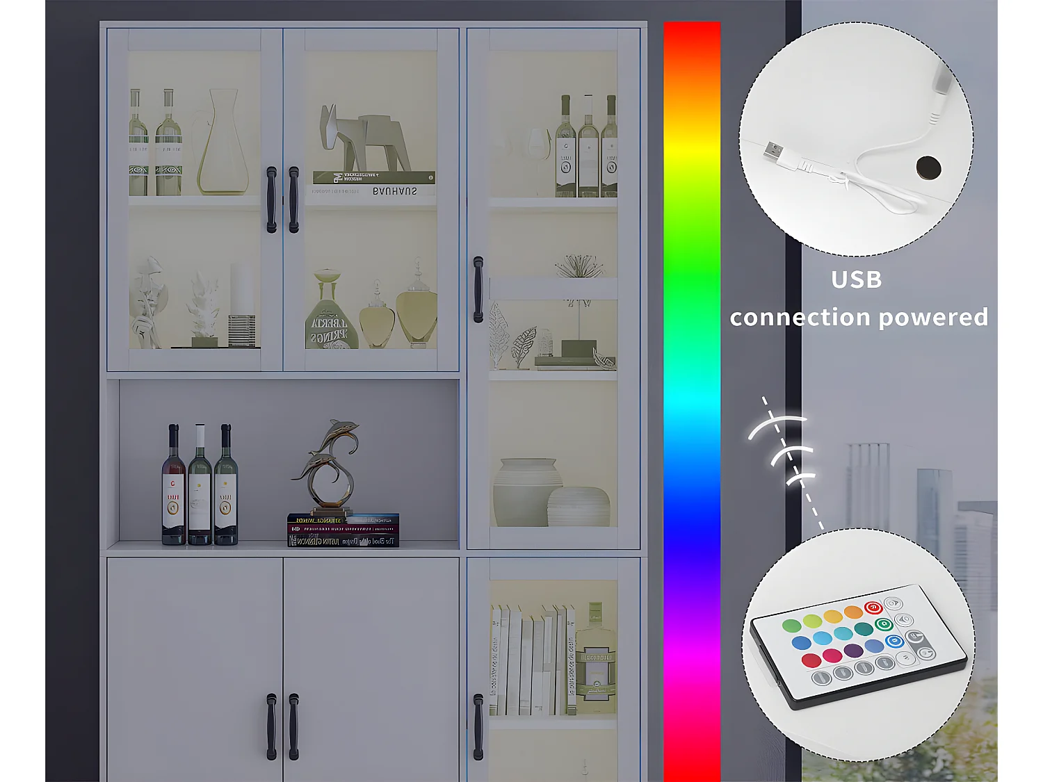 Vitrine mit LED-Beleuchtung – Regale mit 6 Türen – H 200 cm – Weiß