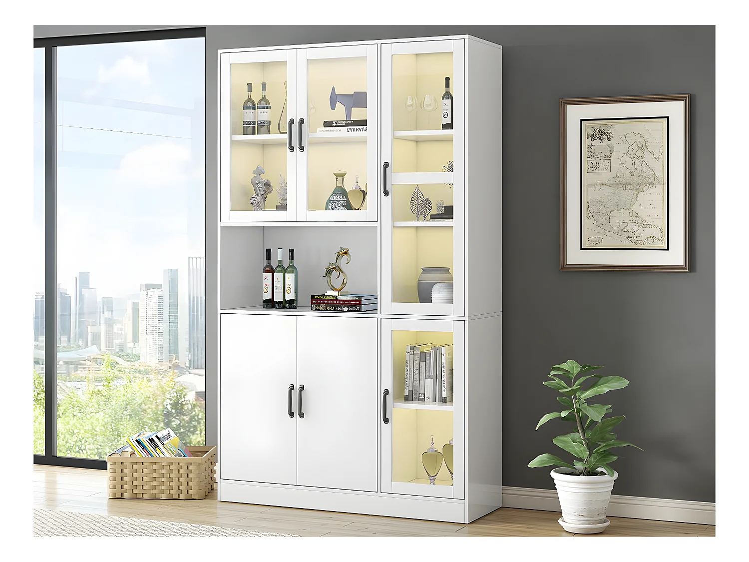 Vitrine avec éclairage LED - étagères avec 6 portes - H 200cm - Blanc