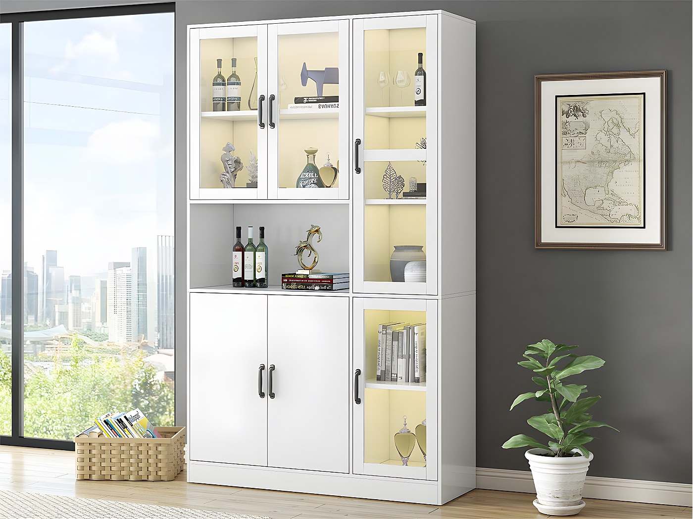SONNI Glazen vitrinekast met led-verlichting, zwart/wit, hoogglans