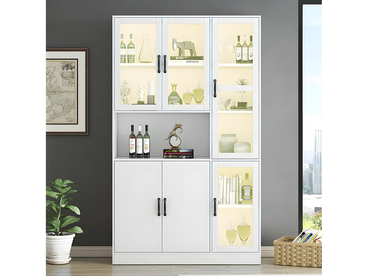 Vitrine avec éclairage LED - étagères avec 6 portes - H 200cm - Blanc