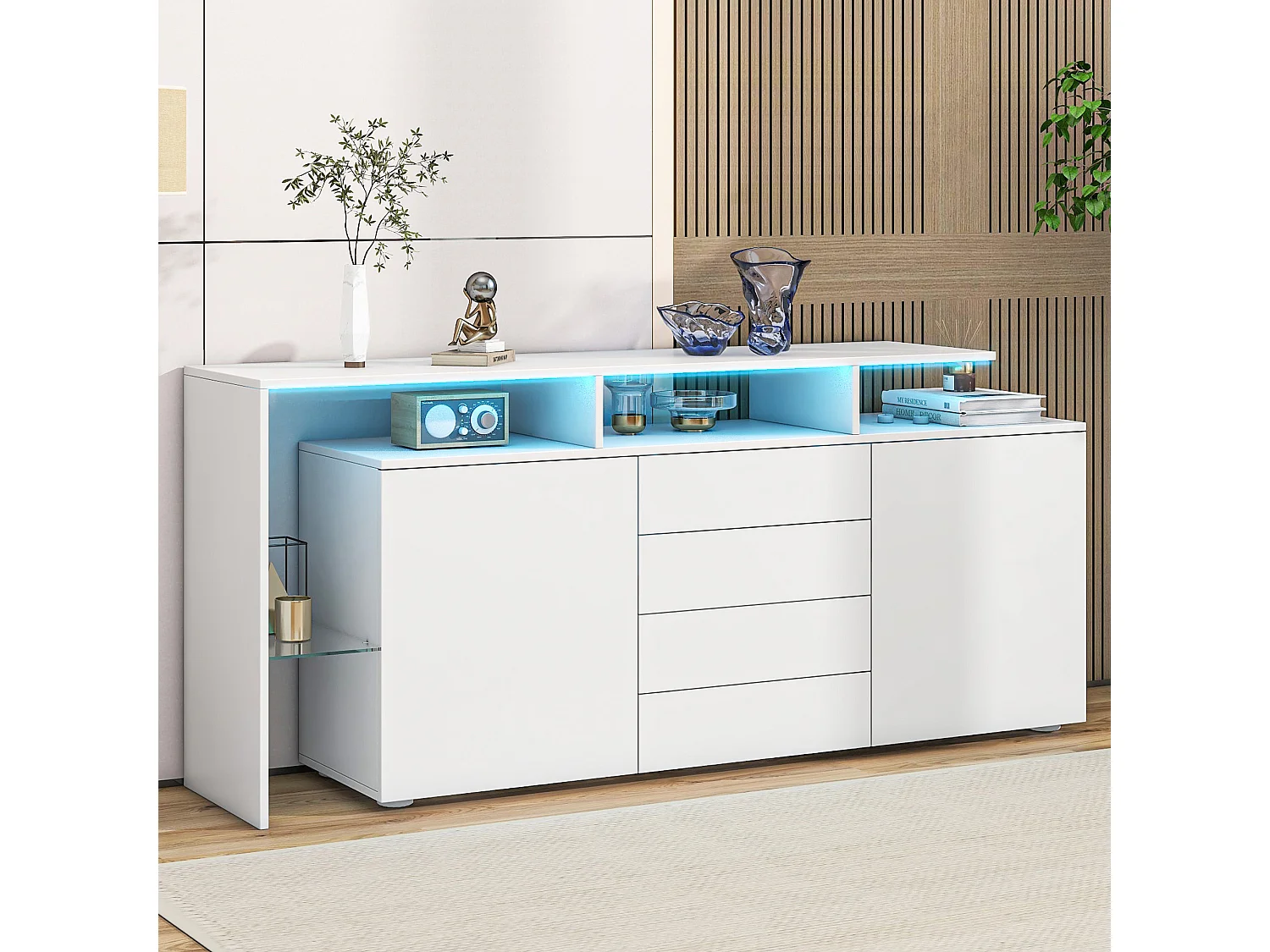 Aparador bajo con iluminación LED - 4 cajones y 2 puertas - Blanco