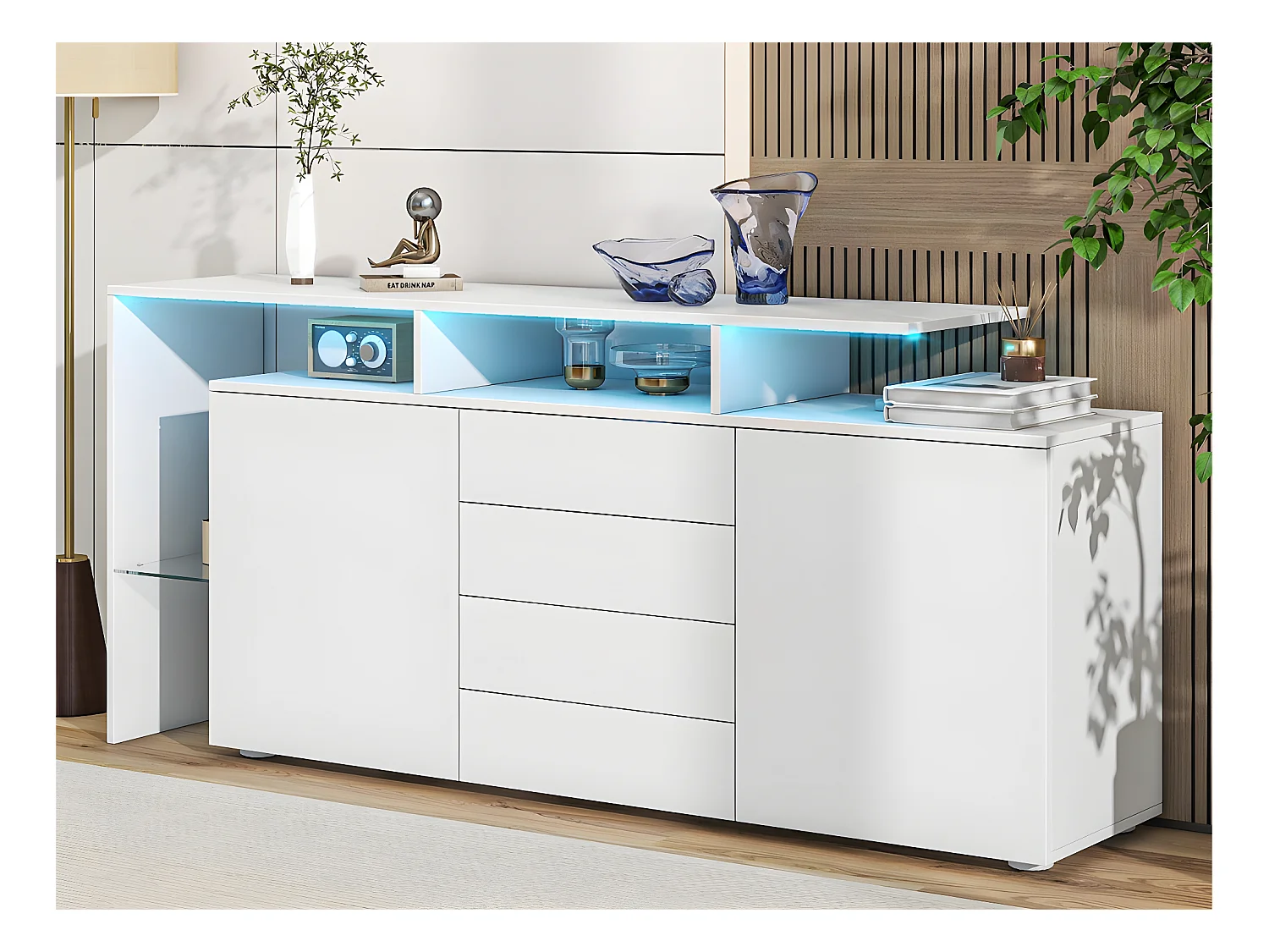 Buffet bas avec éclairage LED - 4 tiroirs et 2 portes - Blanc