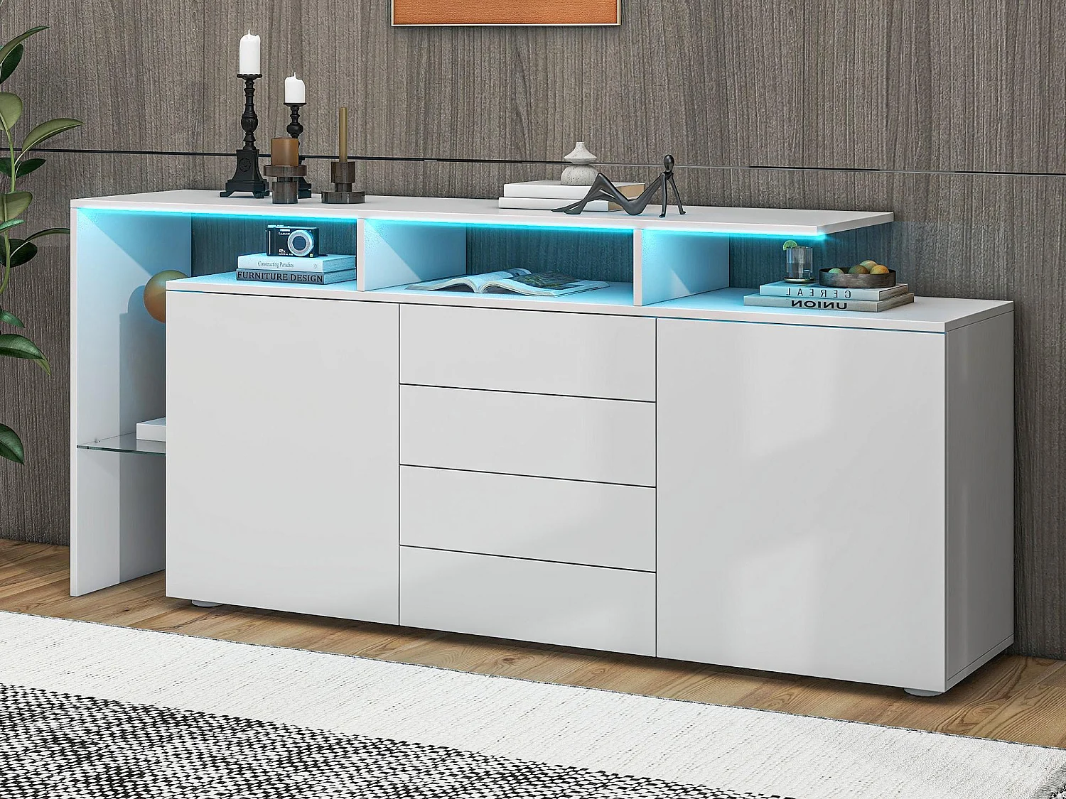Buffet bas avec éclairage LED - 4 tiroirs et 2 portes - Blanc