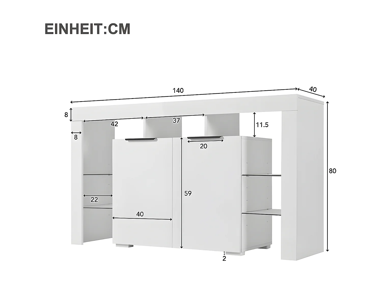 Niedriges Sideboard mit LED-Beleuchtung – 4 Glasböden und 2 Türen – Weiß
