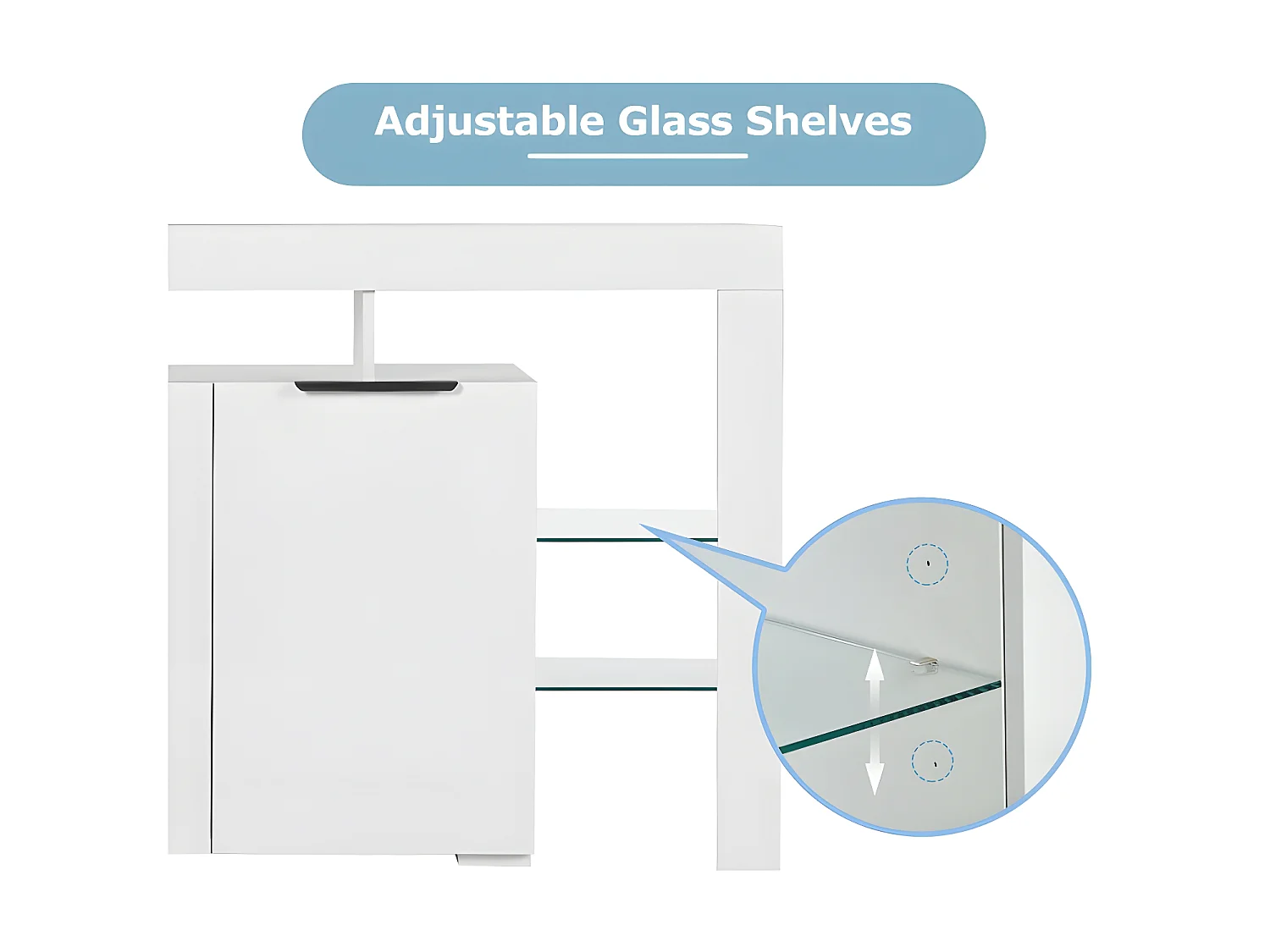 Niedriges Sideboard mit LED-Beleuchtung – 4 Glasböden und 2 Türen – Weiß