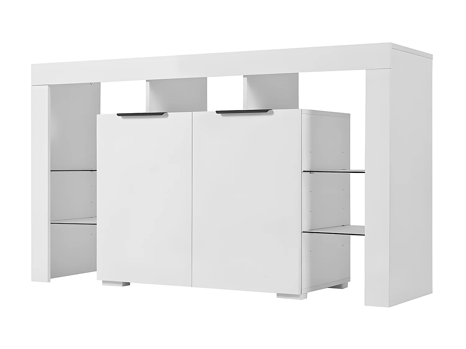Niedriges Sideboard mit LED-Beleuchtung – 4 Glasböden und 2 Türen – Weiß