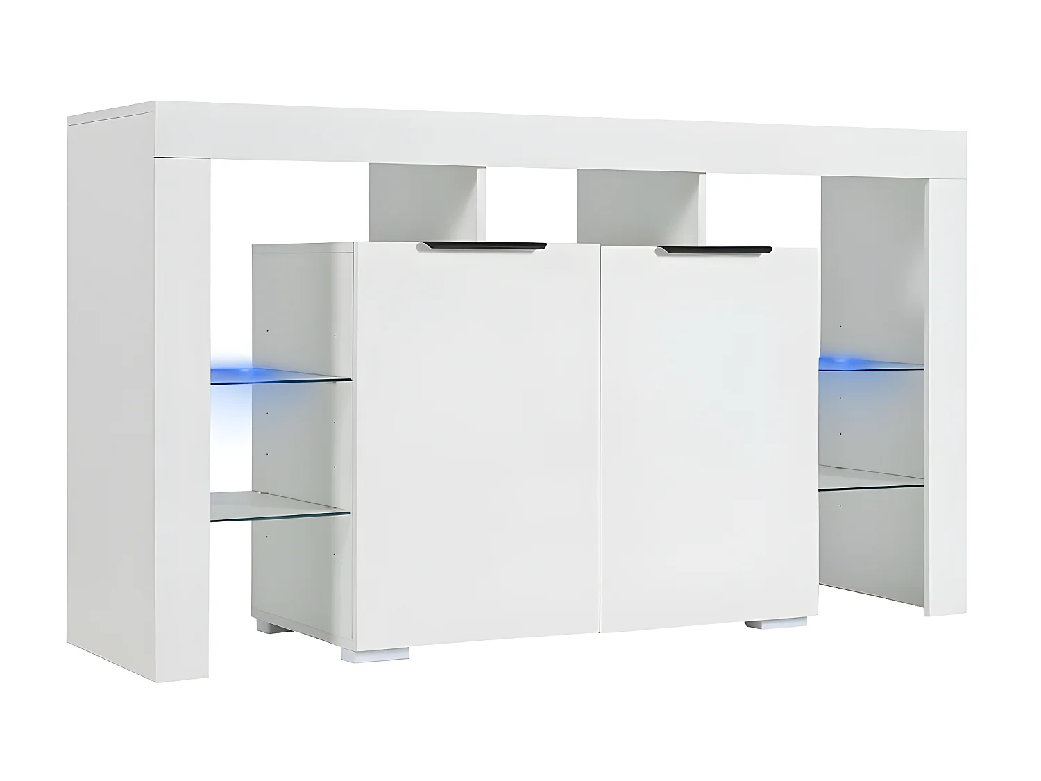 Niedriges Sideboard mit LED-Beleuchtung – 4 Glasböden und 2 Türen – Weiß