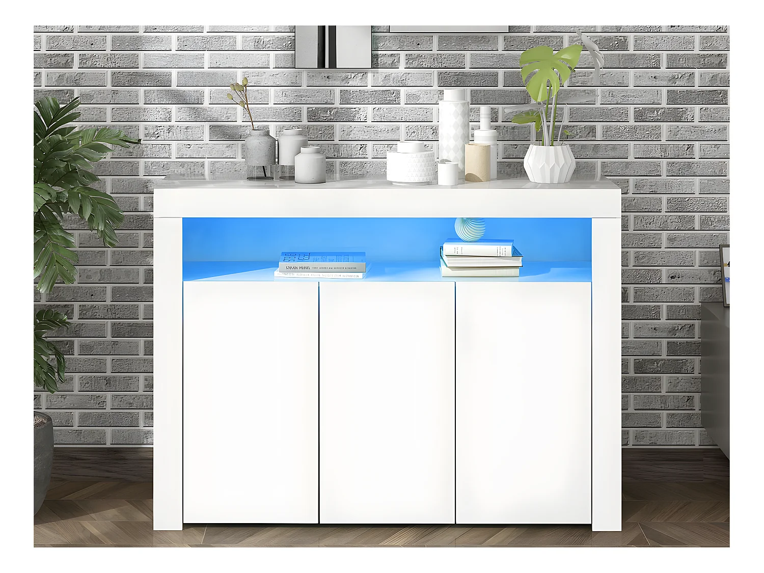 Moserne laag dressoir - Glanzend wit bijzetmeubel met LED-verlichting en afstandsbediening - Wit