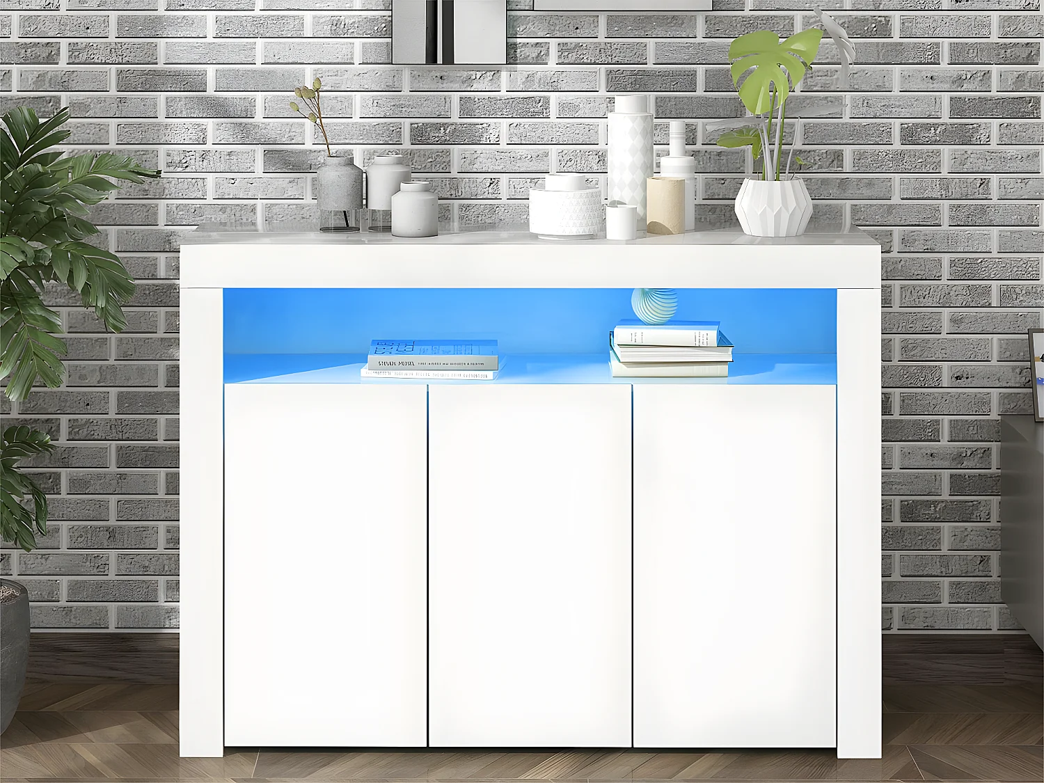 Credenza bassa Moserne - Mobile occasionale bianco lucido con illuminazione a LED e telecomando - Bianco