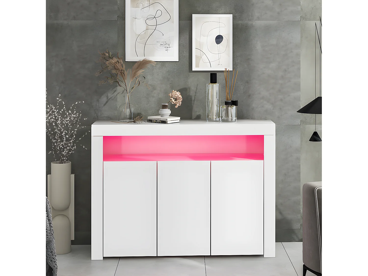 Credenza bassa Moserne - Mobile occasionale bianco lucido con illuminazione a LED e telecomando - Bianco
