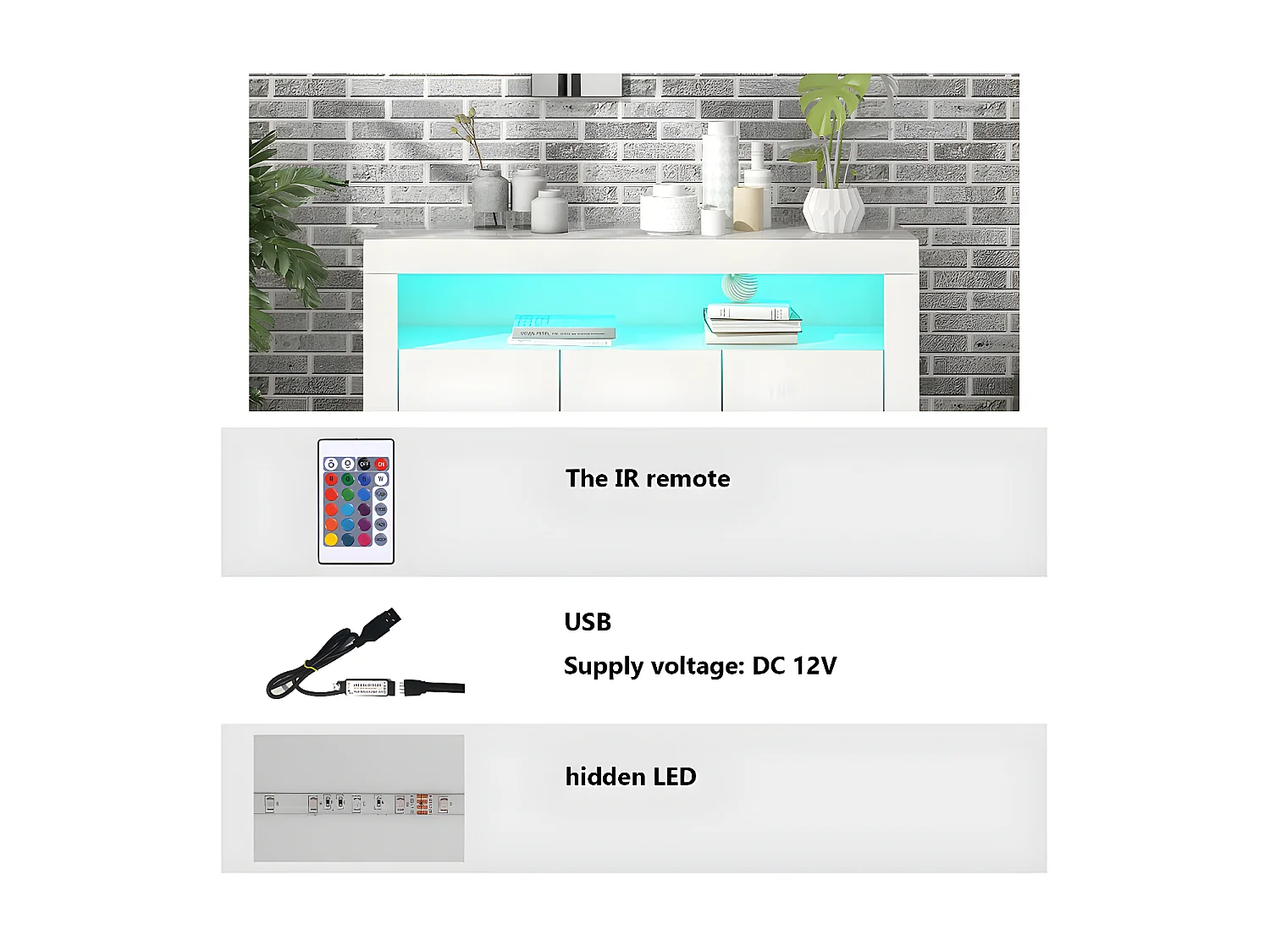 Credenza bassa Moserne - Mobile occasionale bianco lucido con illuminazione a LED e telecomando - Bianco