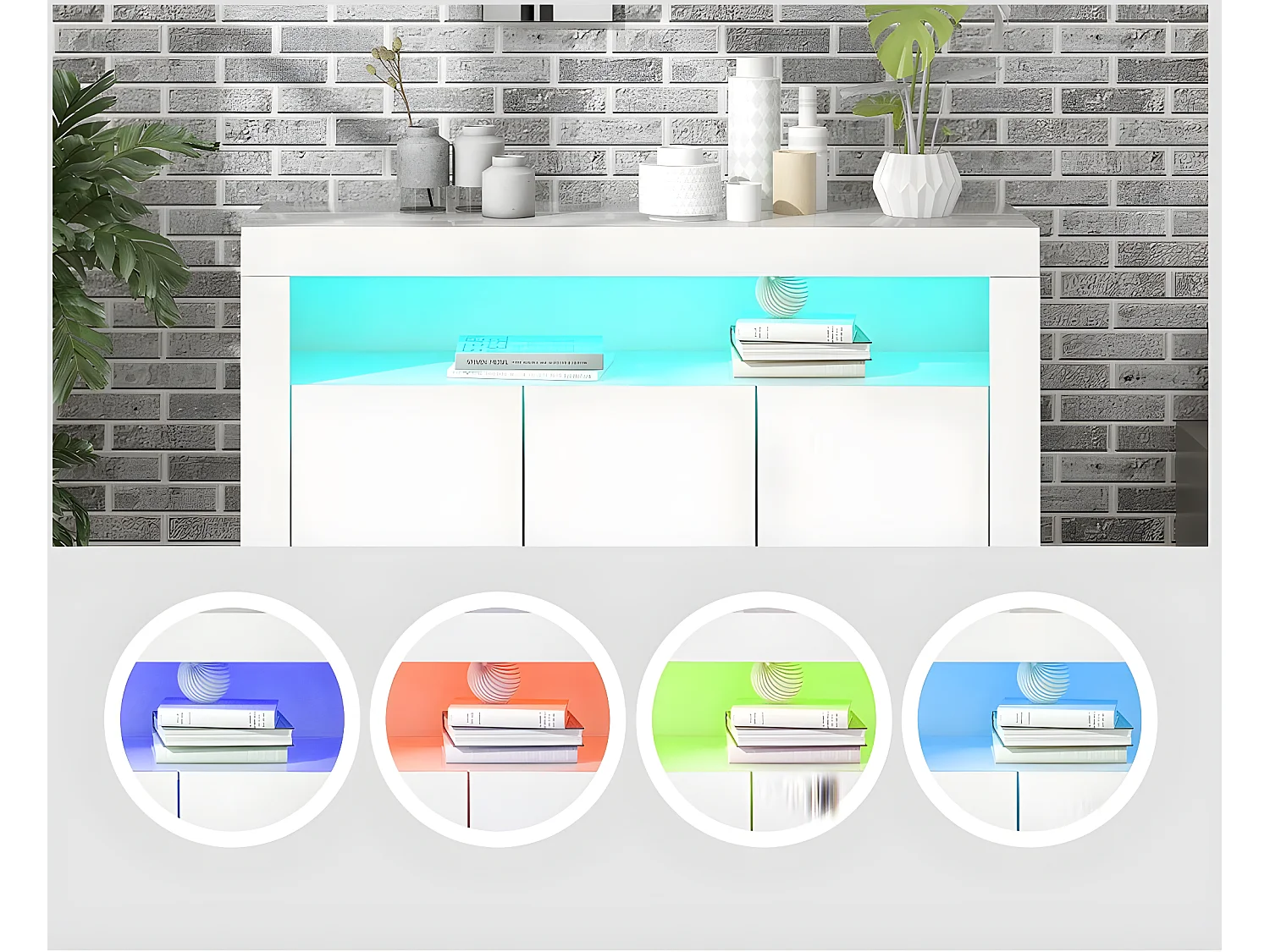 Credenza bassa Moserne - Mobile occasionale bianco lucido con illuminazione a LED e telecomando - Bianco